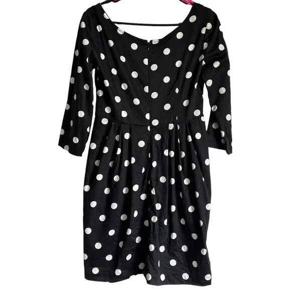 Betsey Johnson Polka Dot Dress Black White 3/4 Sleeve Pleated Size 4 Pockets - Picture 7 of 8